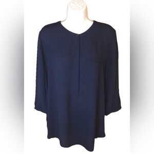 NYDJ Pintuck Navy Blouse Top Size Petite Large PL